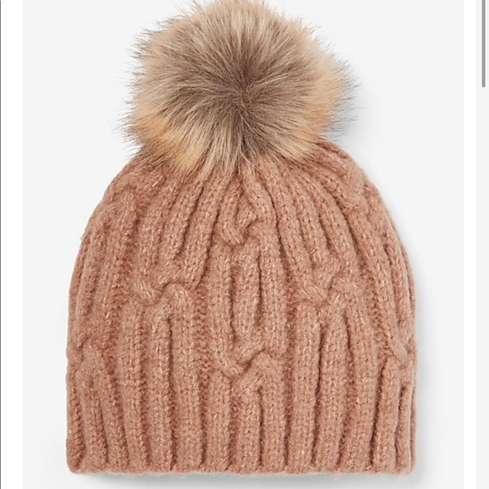 New Express Soft Pom Beanie Brown Tan Women Cable Knit Soft Winter Warm Hat - Picture 2 of 5